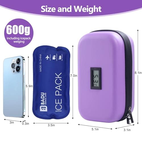 HIMDUZE Insulin Cooler Travel Case TSA Approved Refrigerated Medicine Cooler for Travel w/Thermometer Temperature Diabetic Case w/2 Reusable Ice Packs for Daily Life Trip, Purple — view 4