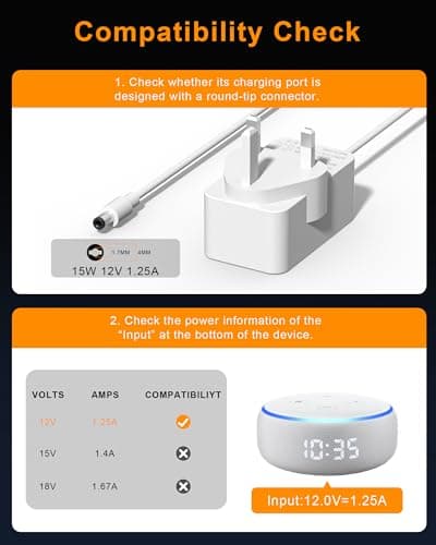 Sanicata 15W Alexa Plug with Echo Dot (3rd / 4th / 5th) Gen Dot with Clock Dot Kids Edition Show 5 (1st & 2nd Gen) Spot Pop Fire TV Cube Power Cord, Charger 12V/1.25A White — view 5