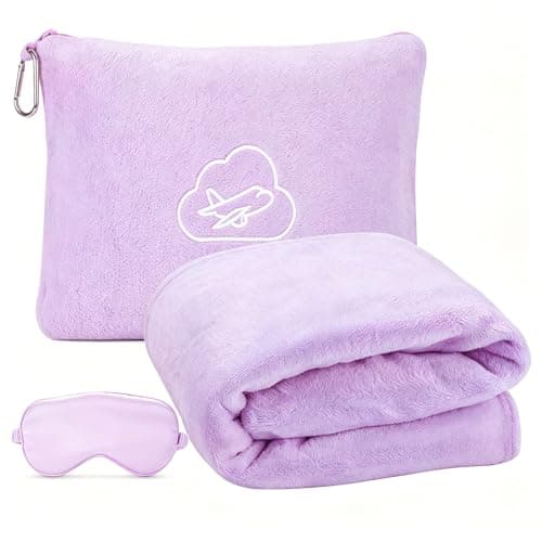 ENZOLVE Travel Blanket Pillow,Airplane Blanket Compact with Bag Eye Mask, Ultra-Soft,Warm & Lightweight Included,Travel Essentials for Women & Men, Luggage Sleeve & Backpack Clip 65x40 in,Purple