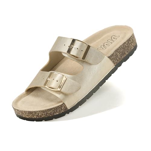 VIVASHOES Women’s Double Buckle Cork Footbed Sandals - Adjustable Flat Slide Sandals for Ladies - Comfortable Open Toe Summer Slippers - Gold Metallic UK 6 — view 2