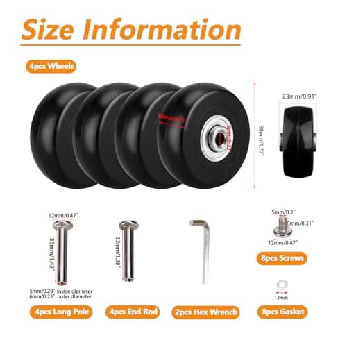 4 Pcs Luggage Suitcase Replacement Wheels Kits, 50 * 18mm Rubber Swivel Caster Wheel with Bearings, Repair Accessories with Screws & Wrenches for Most Tripp Suitcase Wheels (Black) — view 5