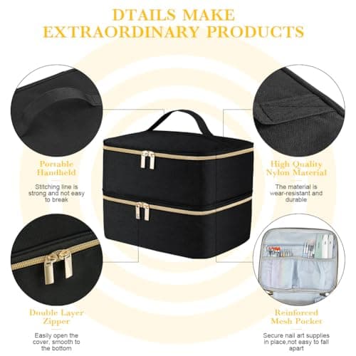 LOPHE Double-Layer Nail Polish Organiser, Double-Layer Travel Bag Storage Bags for 30 Bottles Nail Polish Lipstick and Nail Lamp, Portable Vanity Case with Nail Supplies Storage Sections (Black) — view 2