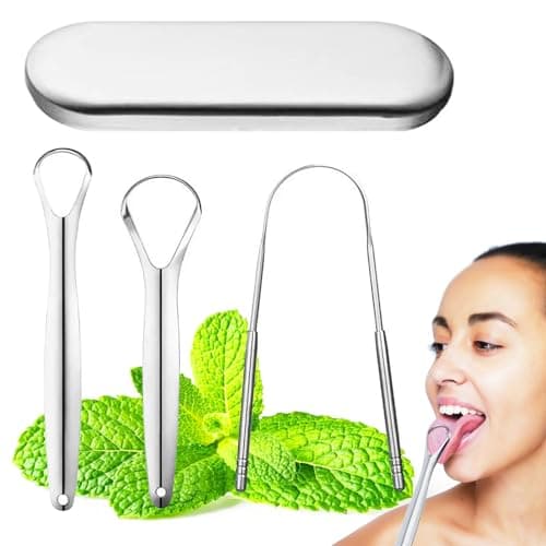 Tongue Scraper 3-Piece Set for Adults with Case, Stainless Steel Tongue Cleaner & Scraper - Metal Tongue Scraper with UV Sterilisation for Fresh Breath, Plaque Removal & Oral Hygiene Kit
