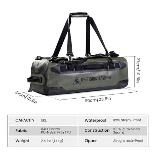 ONETIGRIS CAMPING DryForce 50L Waterproof Duffel Bag, Heavy Duty TPU Dry Bag Backpack with Airtight Zipper, Wide Opening Water Proof Bags for Travel, Motorcycle, Camping, Fishing & Boating — view 5