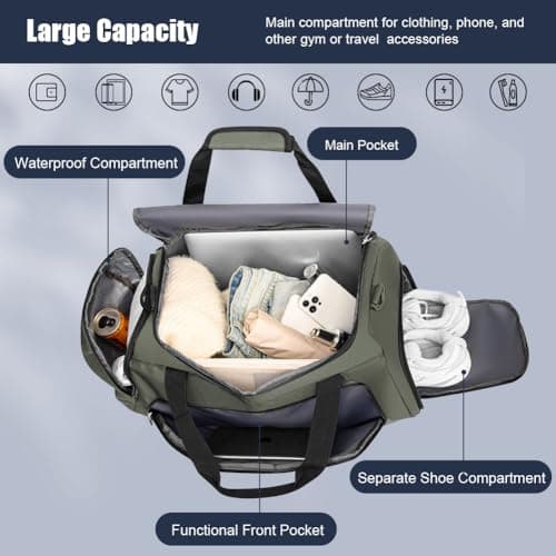 ABOHU Waterproof Gym Duffle Bag with Shoulder Strap and Shoe Compartment, Large Travel Duffle Bags Weekend Overnight Bag for Women Man, Durable Sports Holdall Bags for Sports and Travel - Grey, 40L — view 4