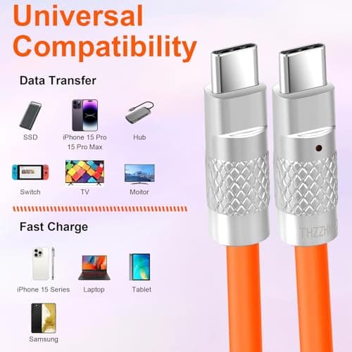 Thzzhnno Silicone USB C 3.2 Gen2 Cable 1.5M, Ultra Flexible & Soft USB C 20Gbps 4K@60Hz Video Fast Charging 100W Type C Cable for Thunderbolt 3, iPad, MacBook, Galaxy S21 (Orange) — view 4