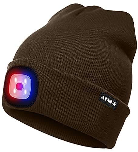 ATNKE LED Lighted Beanie Cap,USB Rechargeable 4 LED Red and Blue Glow Flashing Running Headlamp Hat Winter Warm Gifts for Men and Women/Coffee