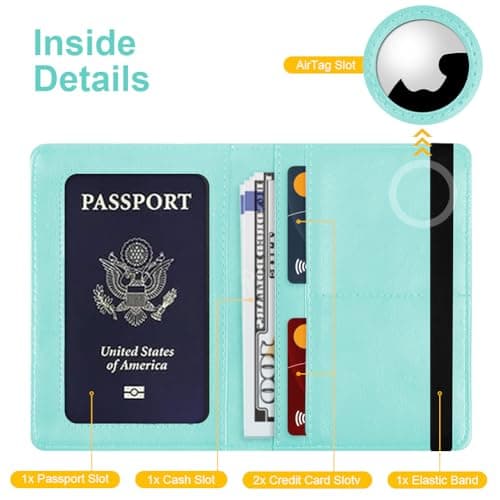 AOOSU Airtag Wallet Passport Holder Cover, PU Leather Passport Cover with RFID Blocking Travel Wallet, Portable Universal Travel Wallets Case Organiser for Money, Boarding Passes, Cards Light Blue — view 6
