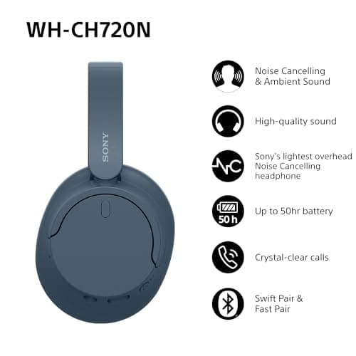 Sony WH-CH720N Wireless Bluetooth Noise Cancelling Over-Ear Headphones, Ambient Sound Mode, Lightweight Design, up to 50 hr battery life, iOS & Android - Blue — view 3