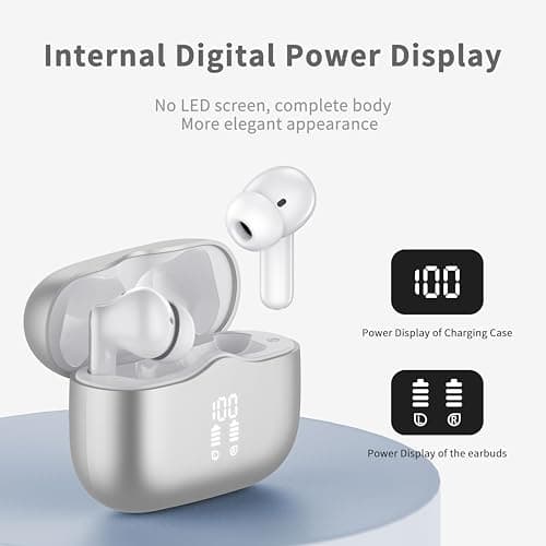 Wireless Earbuds, 2026 Bluetooth 5.4 Headphones in Ear 6D Bass Stereo, 40H Earphones with 4 ENC Noise Cancelling Mic, IP7 Waterproof LED, AI-Enhanced Calls Bluetooth Earbuds for Android iOS, Silver — view 5