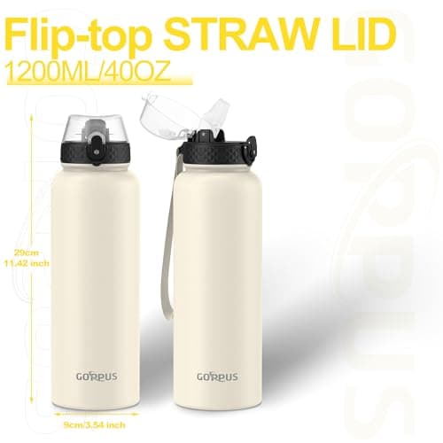 GOPPUS 1.2L/40oz Stainless Water Bottle with Straw Double Wall Insulated Bottles with Strap Large Vacuum Thermal Flask Leakproof Keep Cold Drinks Bottles with Flip Top Lid for Men Women BPA Free — view 4