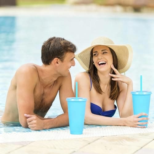 Yisituo 710ml Reusable Plastic Cups, 20 Pack Cold Cups with Lid and Straw, Tumblers Travel Mugs for Adults and Madam Party and Beach, Pool Gatherings (20, Light Blue) — view 3