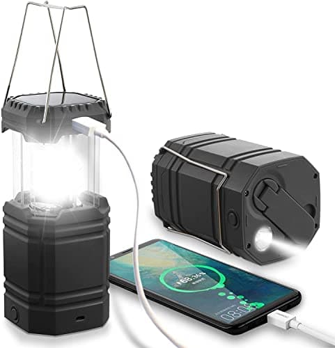 ROCAM Rechargeable Camping Lights, LED Solar Camping Wind up Lantern, Hand Crank Emergency Light with 3000mAh Battery for Camping, Hiking, Fishing, SOS, Outdoor, Power Cuts-Black