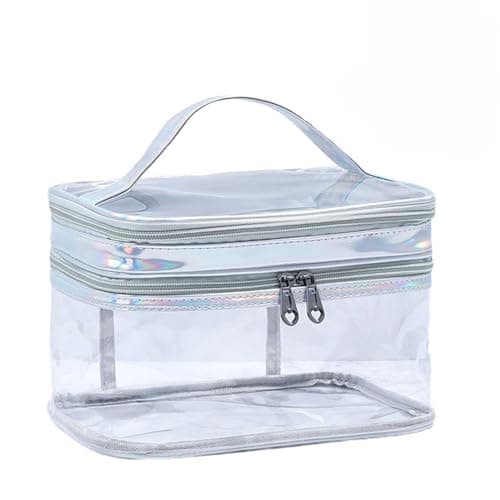 Clear Travel Toiletries Bag, Waterproof Toiletry Bags for Women and Men, Double- Layer Clear Makeup Bag with Handle,PVC Cosmetic Bag, Travel Accessories Wash Bag for Travel and Holiday (Silver)