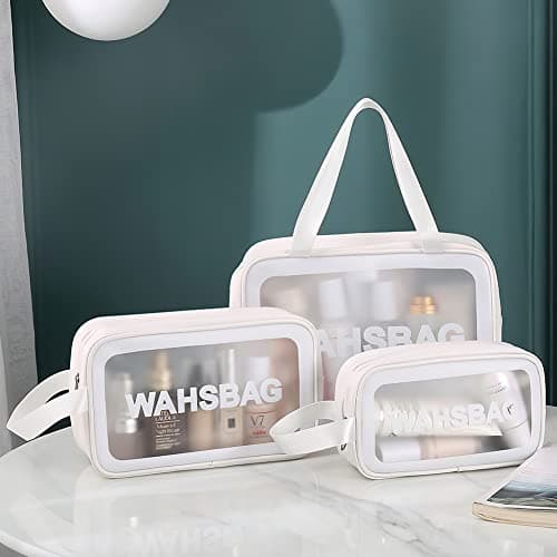 Aucuu 3PCS Clear Toiletry Bag, Wash Bag, Clear PU Makeup Bags, Waterproof Toiletry Travel Bags with Zipper Handle, Portable Airport Cosmetic B-ag for Travel Bathroom Men Women (White) — view 2