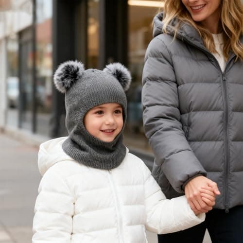 CERCTLA Kids Winter Warm Hat, Baby Warm Balaclava Cute Bear, Multifunction Thermal Windproof Knitted Hat Scarf Set for Girls Boys Toddler Grey — view 6