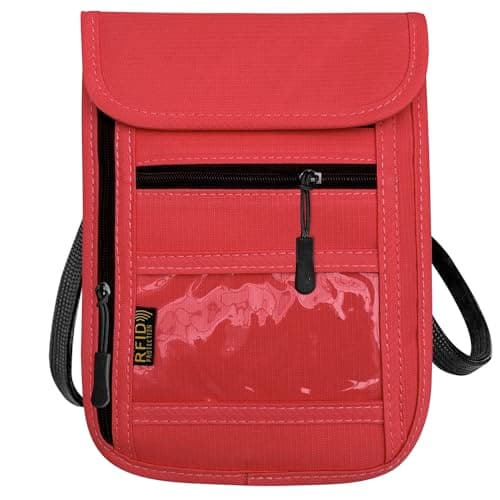 RFID Blocking Travel Neck Wallet Pouch and Passport Holder,Travel Neck Pouch Passport Holder for Women & Men, Red, 8 x 6 x 0.3 inches, Minimalist