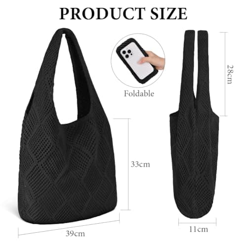 Aucuu Women Knitted Handbags, Retro Hollow Woven Shoulder Bags, Boho Shoulder Bag, Crochet Mesh Tote Bag, Beach Bag for Women, Travel Shopping Handbag for Holiday, Daily Work, Shopping, Travel-Black — view 4