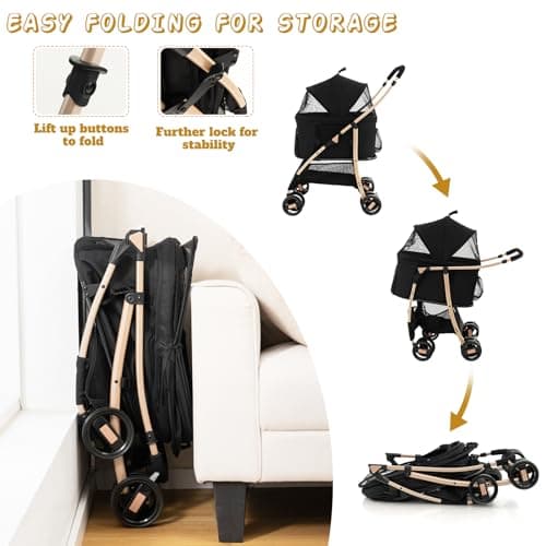 Maxmass Pet Stroller, Folding Dogs Travel Carrier with Wheels, Brake, 4-Level Adjustable Canopy & Storage Basket, Pet Travel Carriage for Small & Medium Sized Dogs Cats (Black+Gold) — view 3