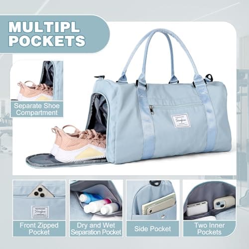 WEPLAN Gym Bag Womens Men Sports Fitness Bags Weekend Overnight Bag Travel Duffle Bags for Women with Shoes Compartment Wet Pocket,Holdall Hospital for Swimming Carry on Hand Luggag,A3-Sky Blue — view 4