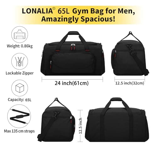 LONALIA 65L Travel Duffle Bag for Men - 24 inch Large Sports Holdall Bag for Overnight Football Weekend (Black) — view 2