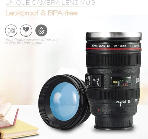 Splend Camera Lens Coffee Cup and Travel Mug, Double Wall Insulation Reusable Coffee Mugs, Food Grade Stainless Steel Coffee Mug Drink Flask Water Bottle Camera Lens Cup, 320 Milliliter Balck — view 3