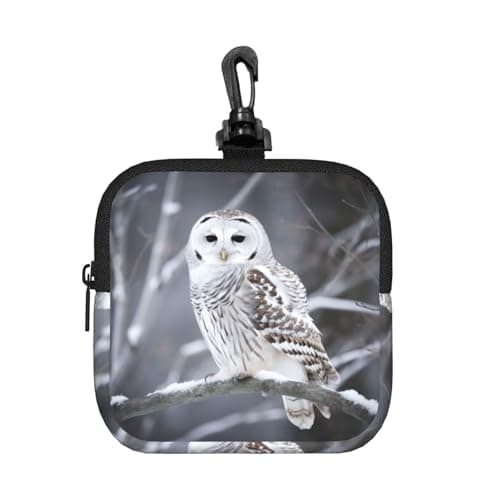Mini Pouch with Carabiner, Neoprene Travel Makeup Bag with Zipper Tool Storage Pouch Winter White Owl Coin Purse Portable Earbud Case Waterproof Card Holder Wallet for Women Men