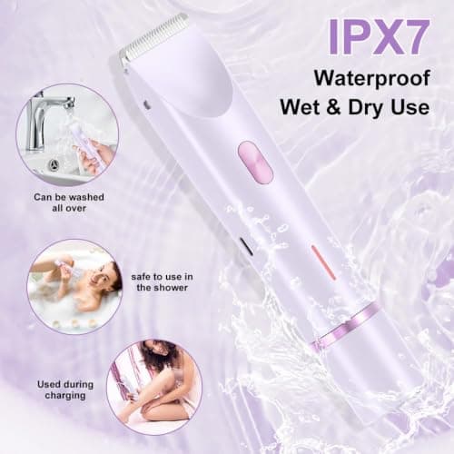 Bikini Trimmer Women 2-in-1 Electric Lady Shaver, Facial Hair Remover for Women, Dual Head Razor for Pubic Hair, Eyebrow & Upper Lip, Cordless Rechargeable Wet & Dry Waterproof (Purple) — view 5