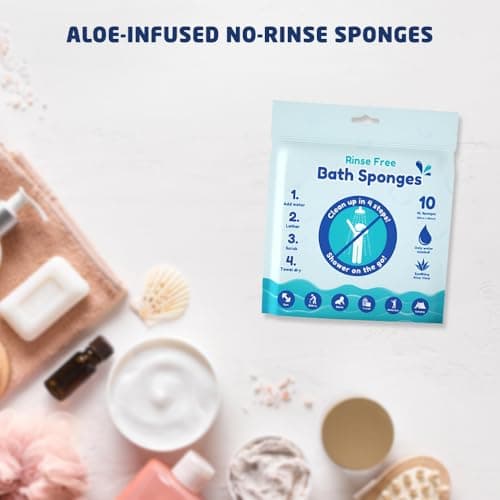 10pk Rinse Free Bath Sponges, 20x20cm Bath Wipes for Travel, Gym, Camping, Elderly, Babies, Single Use Shampoo Shower, Soothing Aloe Vera, Only Water Needed — view 6