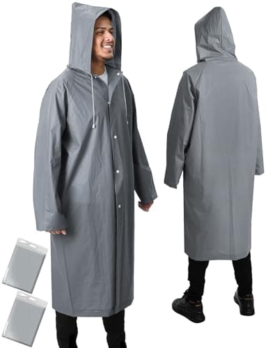 ANYOO Waterproof Rain Poncho 2 Pack Reusable Hooded Raincoats Rain Jacket with Long Sleeves for Women Men Camping, Hiking Travel, Grey, One Size