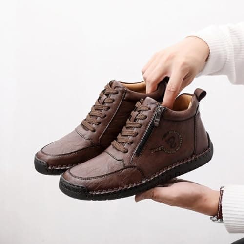 Mens Lace up Orthopedic Leather Boots Wide Fit Walking Shoes with Zipper Slip on Arch Support Flat Trainers Men Lightweight High Top Non-Slip Outdoor Hiking Trekking Sneaker (Bronze, 7.5) — view 2