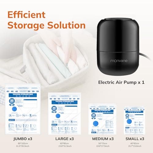 MONVANE Vacuum Compression Storage Bags for Clothes - 12 Pack Reusable Space Saver Bags with Wired Electric Air Pump for travel (3J + 3L + 3M + 3S) — view 2