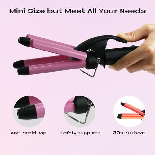 3 Barrels Mini Hair Waver for Short & Medium Hair, 13MM Curling Iron Curling Wand, 0.45lb Lightweight, Mini Size Hair Curler, Travel Friendly-Pink — view 4