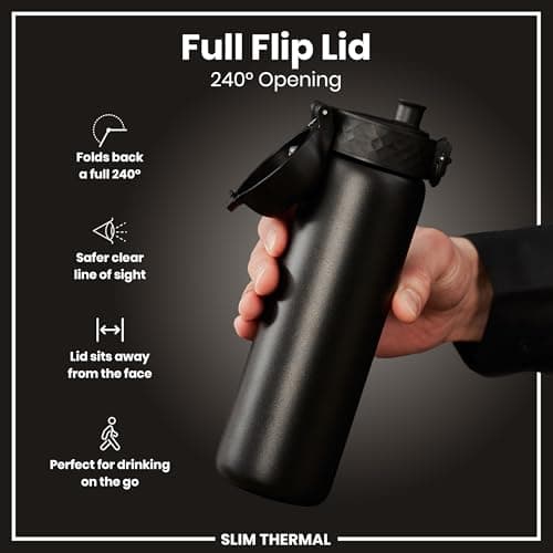 Ion8 Vacuum Insulated Steel Water Bottle, 500 ml/17 oz, Leak Proof, Easy to Open, Secure Lock, Dishwasher Safe, Fits Cup Holders, Carry Handle, Scratch Resistant, Metal Water Bottle, Black — view 4