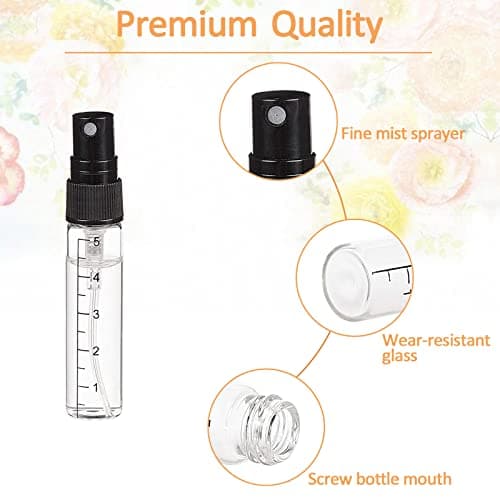 Apstaqeoo 20Pcs, 3Ml Empty Glass Spray Bottles with Scale - Clear Mini Sample Perfume Atomizer Vial Travel Bottles Set with Fine Mist Sprayer & Black Dust Cap Perfect for Fragrance, Essential Oils — view 3
