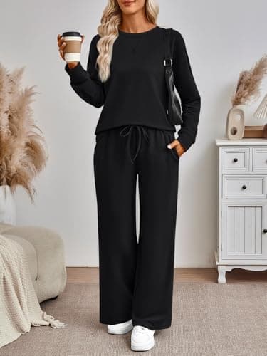 AUTOMET Womens Sweatsuits 2 Piece Sets Travel Outfits 2026 Fall Matching Lounge Set Oversized Sweatshirt Wide Leg Pants, Black, Medium — view 5