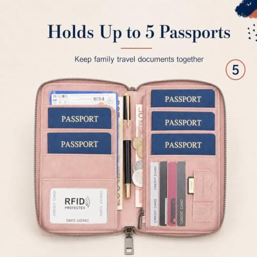 ILIYAH Pink Family Passport Holder - RFID Blocking PU Leather Travel Document Organiser for 5 Passports Cards Pen SIM SD — view 2