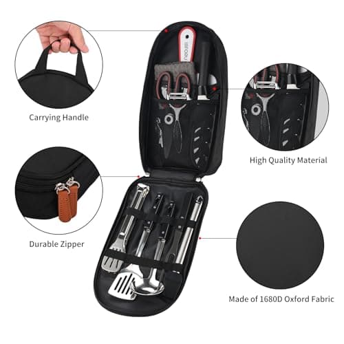 Camping Accessories Set,ISFORU 10PCS Camping Kitchen Cookware Utensil Organizer Travel Kit with Peeler, Cutting Board, Bottle Opener and Water Resistant Case for Outdoor Hiking Picnic and Trekking — view 3