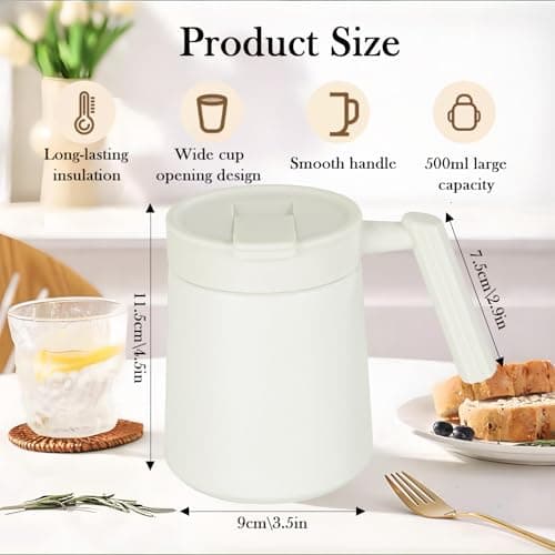 HZXYchen 500ml Thermal Mug with Handle, Stainless Steel Insulated Travel Cup, Leak-Proof Coffee Flask for Office, Car & Camping, Keeps Drinks Hot/Cold All Day (White) — view 2