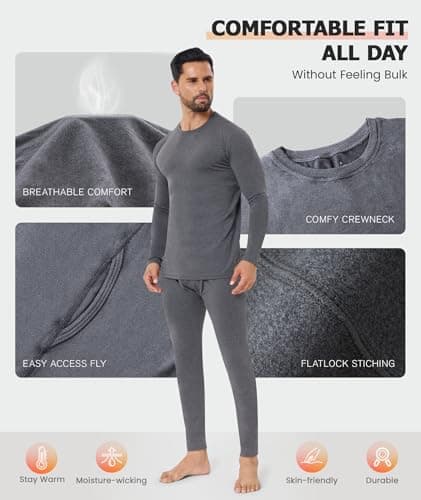 SIMIYA Men's Thermal Underwear Set Base Layer Long Sleeve Top Bottoms — view 3