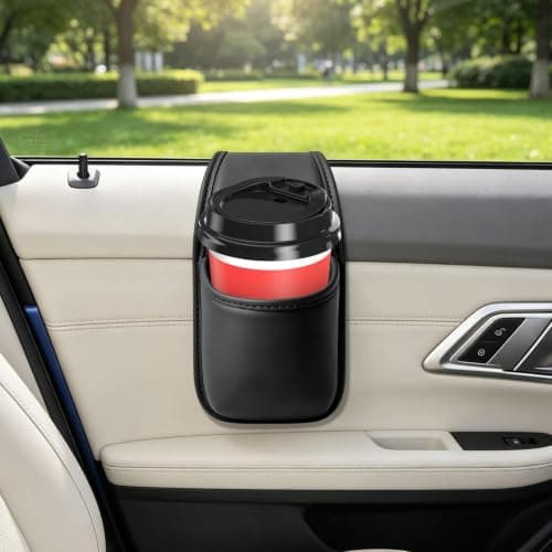 Leather Car Door Organizer with Cup Holder, Adhesive Side Storage Pocket — view 3