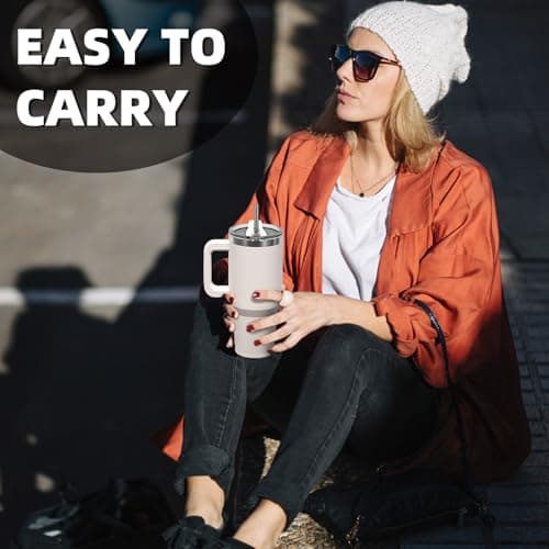 WATERSY Travel Mug Coffee Cup 30oz Tumbler Straw Lid and Handle, Stainless Steel Double Wall Vacuum Insulated Coffee Water Bottle Thermal for Cold Hot Coffee 891ml Ivory Beige — view 3
