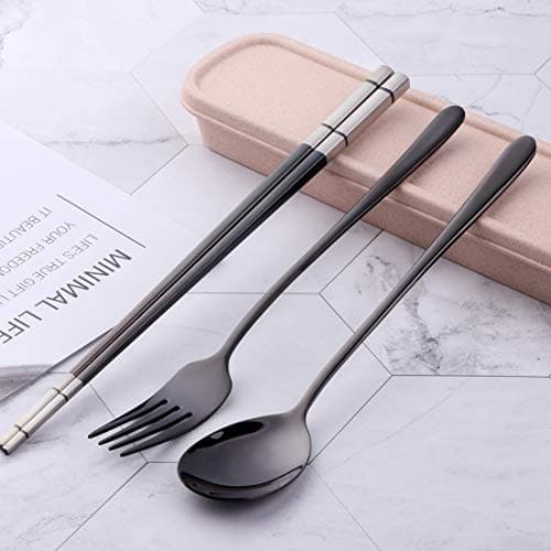 SBOMHS 18/10 Stainless Steel Travel Cutlery with Case Set Portable Chopsticks Spoon Fork set Black Colored for School Home Office Camping Outdoor — view 6