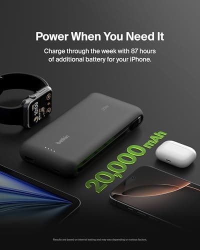 Belkin Portable Charger, Power Bank with Integrated Cable 20K PD 30W - Fast Charging USB-C Power Delivery, Portable Charger for iPhone 16 Series, iPad Pro, Galaxy S25 Series, and More - Black — view 5