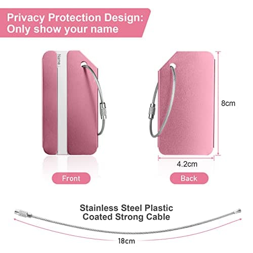 Luggage Tags, 2Pcs Aluminum Alloy Baggage Labels, Suitcase ID Tag Set, Handbag Tag Labels Travel Accessories for Checked Luggage, Hand Luggage and Handbags - Pink & Black — view 2