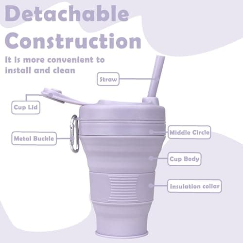 MORAINJAY Collapsible Coffee Cup with Lids,20oz/600ml Purple Silicone Portable Reusable Coffee Mug,Foldable Camping Travel Cup Fits in Your Pocket(Collapses to 7cm) — view 3