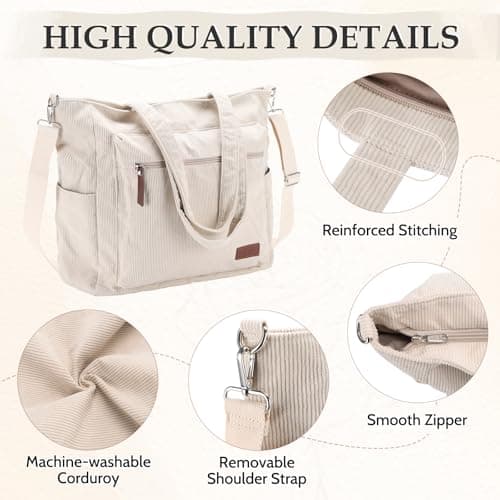 Kasgo Corduroy Tote Bag for Women, XXL 15.6" Laptop Work College Bag, Beige — view 4