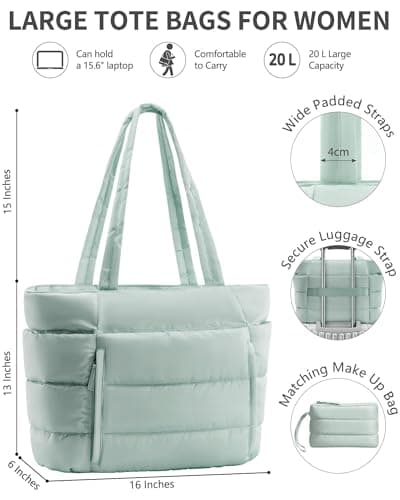 Quilted Shoulder Bag for Women Lightweight Work Bag for Teacher Nurse School Travel Gym, Green Mint, Large — view 3