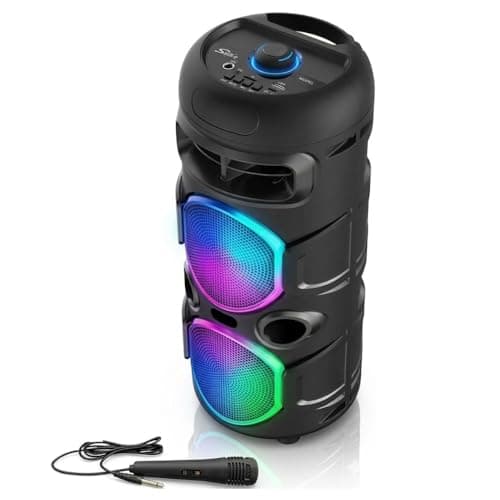 Portable Bluetooth Speaker 20W Stereo Party Speaker with RGB LED Lights, Wired Karaoke Mic, Bluetooth 5.0, USB/TF/FM, Rechargeable Battery, Outdoor Wireless Speaker