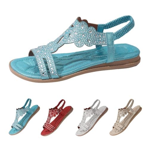 Women's Flat Sandals Summer Bohemian Sparkly Sandals Women Wide Fit Floral Beach Thong Sandal Casual Orthopedic Strap Slide Sandal with Rhinestone Soft Sole Comfortable Sandal (Blue #4, 6) — view 4